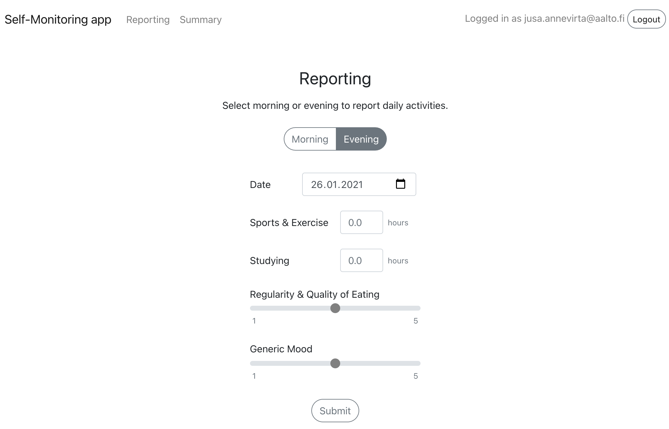 Self Monitoring App – Evening Reporting